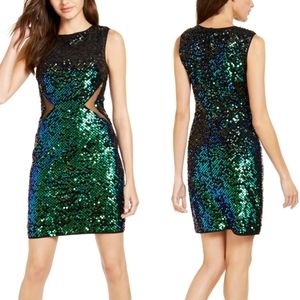 NWT! Tadashi Shoji High End Iridescent Green Blue Sequin Cutout Sheath Dress XS